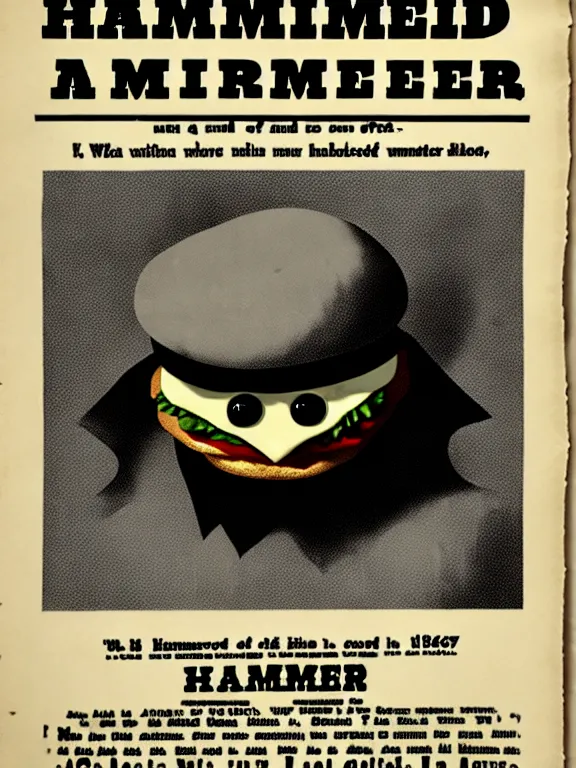 Image similar to a wanted poster for the hamburglar, 1 8 7 6