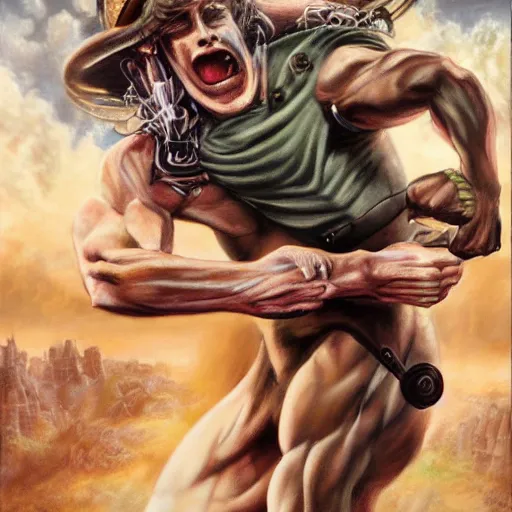 Prompt: An ultra realistic portrait painting of Gyro Zeppeli fighting Funny Valentine in the style of Frank Frazetta, 4k, Ultra realistic, Highly detailed, Dark fantasy, Epic lighting