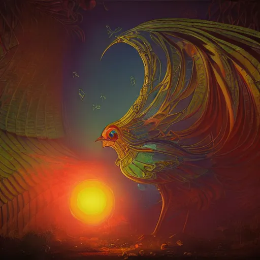 Image similar to the solarpunk phoenix, red bird, ornate egg, regeneration, landscape, epic composition, volumetric light, bokeh, inspired by peter mohrbacher and by alphonse mucha