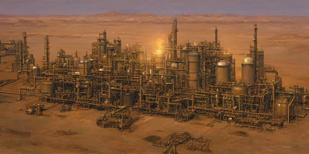 Image similar to detailed cinematic high angle shot of oil refinery power plant in the arabian desert, spring light, painting by gaston bussiere, craig mullins, j. c. leyendecker