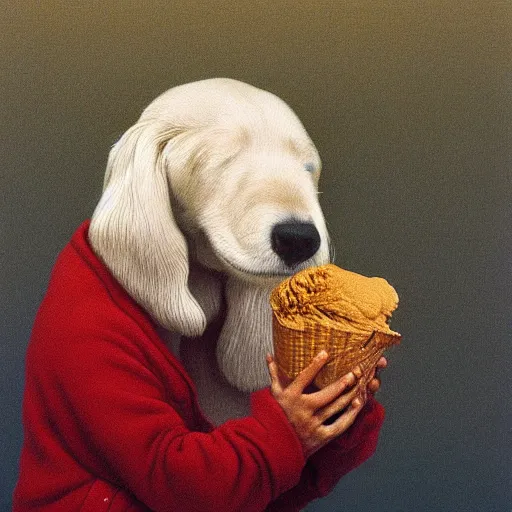 Image similar to dog holding an ice cream by zdzisław beksinski, high resolution, direct light,