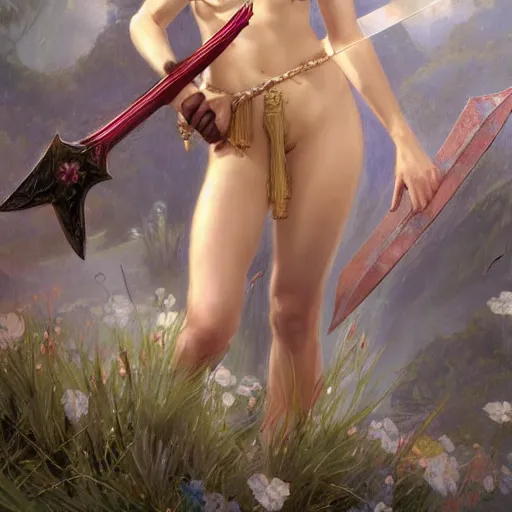 Prompt: Angelic woman in plated bikini armor wielding a giant axe, D&D, elegant, vibrant, fantasy, intricate, smooth, artstation, painted by edgar maxence, greg rutowski, ross tran, artgerm