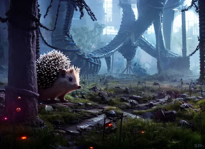 Prompt: giants mechanical hedgehog on the background of a weird magical mechanical forest. Very detailed 8k. Fantasy cyberpunk horror. Sharp. Cinematic post-processing. Unreal engine. Nanite. Ray tracing. Parallax. Tessellation