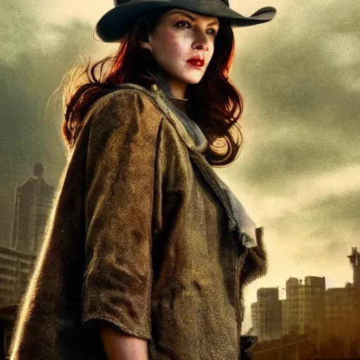 Prompt: fallout 5, charismatic beautiful rugged cowboy hat wearing brunette female protagonist, portrait, outdoors ruined cityscape, atmospheric lighting, painted, intricate, volumetric lighting, beautiful, foggy, daytime, slight overcast weather, sharp focus, deep colours, ultra detailed, by leesha hannigan, ross tran, thierry doizon, kai carpenter, ignacio fernandez rios