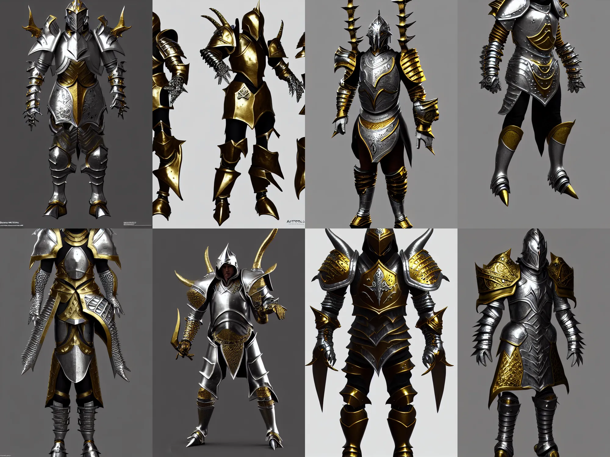 Prompt: render of awesome unusual fantasy armor, silver with gold trim, oversized pauldrons, medieval fantasy, extremely clean, extremely ultra-exaggerated proportions, diablo, trending on Artstation, HD Octane render, 8k