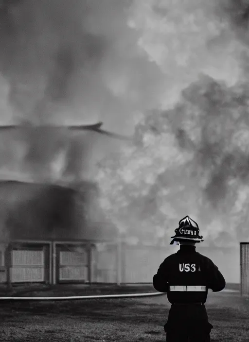 Image similar to a 3 5 mm photo from the back of a firefighter standing in front of a burning building, bokeh, canon 5 0 mm, cinematic lighting, film, photography, depth of field, award - winning