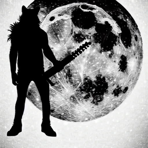 Image similar to a fearsome werewolf holding an ak - 4 7 in one hand and a elecric guitar in the other a full moon shies behind him, darkcinematic scene, super detailed, hyper realistic