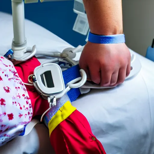 Image similar to crazy clown strapped in hospital bed with wrist restraints on, restraints have fabric straps attached to hospital bed, photograph, 8 k
