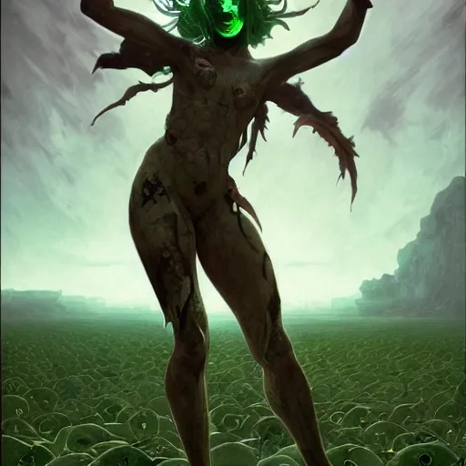 Image similar to An Evil Starbucks Siren, fullbody, intricate, demonic, video game art, highly detailed, artstation, green field with village ruins, concept art, smooth, sharp focus, illustration, art by greg rutkowski and orientalism and bouguereau and Zdzislaw Beksinski, good clear quality, lighting, biology, symmetrical artwork, perfect face, 135 mm, cinematic, hyper realism, high detail, octane render, 8k, chrome accents