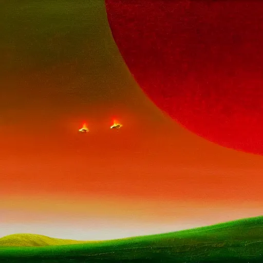 Image similar to a painting of three small orange people flying over rolling green hills, far away, inspiring, beautiful, brightly colored, paranormal, in the style of John Martin, red and green color scheme, Kanye West Donda Album Cover