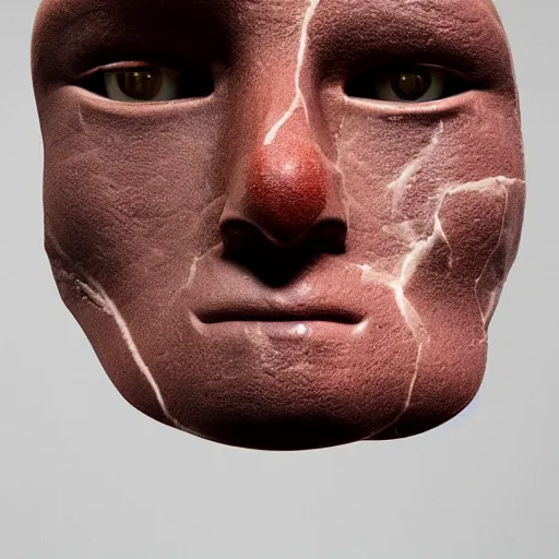 Image similar to a beautiful face sculpted from raw meat and rare earth metals, studio lighting, photorealistic