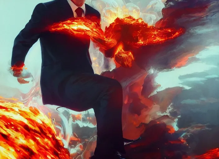 Prompt: a man wearing a suit, engulfed in a whirling fire tornado firestorm, emitting smoke and sparks, fantasy, cinematic, fine details by realistic shaded lighting poster by ilya kuvshinov katsuhiro otomo, magali villeneuve, artgerm, jeremy lipkin and michael garmash and rob rey
