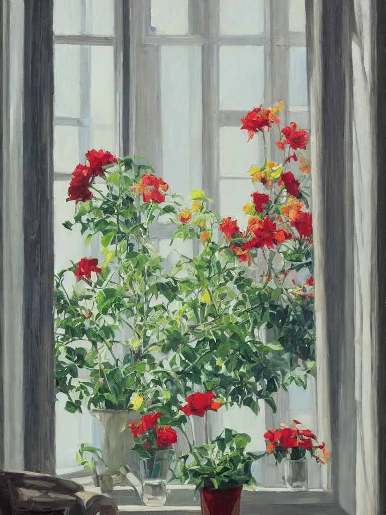 Prompt: gorgeous flowers by Ben aronson, oil on canvas, morning, window with art nouveau curtains