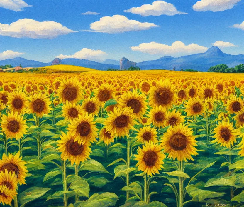 Image similar to a very detailed painting of a sunflower field, baby blue sky with very aesthetic stylized clouds, there is an ad billboard on the field, there are blue mountains in the back, in the style of edward hopper and hugo pondz, very fine brushstrokes, 4 k,