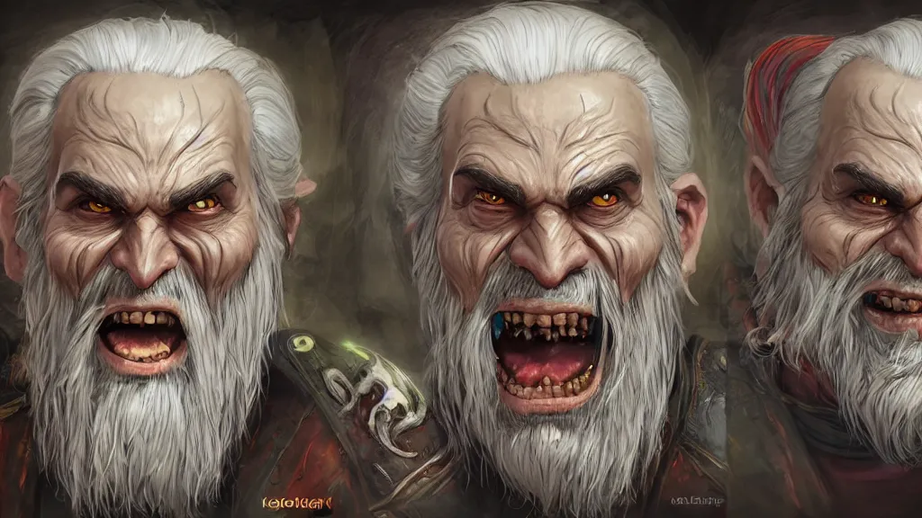 Image similar to bright, colorful, realistic, detailed from Elder Scrolls: Shivering isles concept art of The Mad God Sheogorath with a madsmile, combed white short beard and slicked back white hair backlighting, kodachrome, high contrast, highly detailed, sharp focus, digital painting, concept art, illustration, trending on artstation, comic book by Alex Ross and Adam Adamowicz cover art