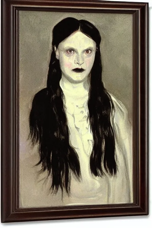 Image similar to portrait of a crying wednesday addams by walter sickert, john singer sargent, and william open