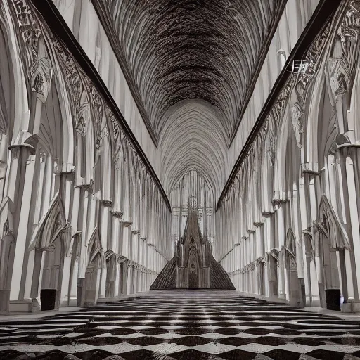 Prompt: a cathedral for the god of symmetry, inside view, giant hall, floor is a mirror, highly detailed, photorealistic Octane render, dramatic