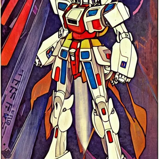 Image similar to anime manga mecha gundam robot portrait by Alphonse Mucha art nuevou