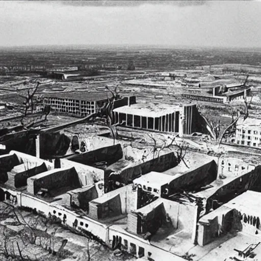 Prompt: university campus after a nuclear attack, circa 1 9 4 5, hd, award - winning