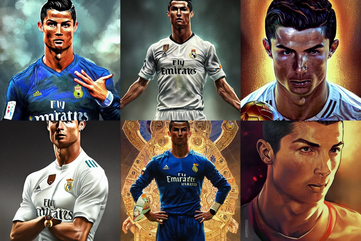 Prompt: Cristiano Ronaldo is the god of football, a highly detailed character in digital fantasy, a painted portrait, artstation, concept art, hard focus, illustrations, works by Artgerm and Greg Rutkowski, Alphonse Mucha and Craig Mullins, James Jean, Andrey Ryabovichev, Mark Simonetti and Peter Morbacher, 16 thousand