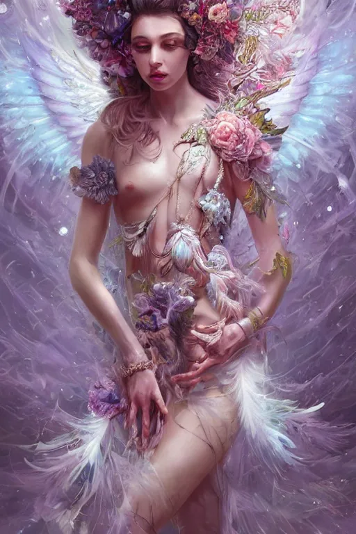 Image similar to beautiful model wearing crystal white feathers, god of psychedelics dancing in a vortex made of flowers, diamonds, angel, fantasy, dramatic lighting, highly detailed, digital painting, holding electricity, magic the gathering, hyper detailed, 3 d render, hyper realistic detailed portrait, peter mohrbacher, wlop, ruan jia