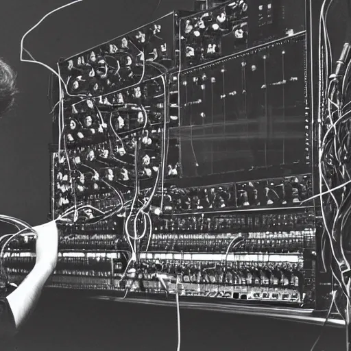 Image similar to photograph of john lennon playing modular synth with lots of wires, portrait, ultra realism, 8 k