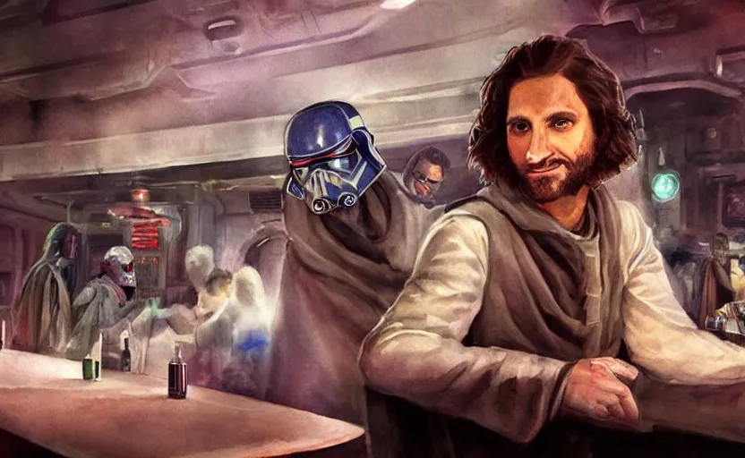 Image similar to a realistic star wars watercolor fantasy concept art of a drug dealer that looks like chris d'elia in a sleazy futuristic bar of coruscant, hq, 4 k