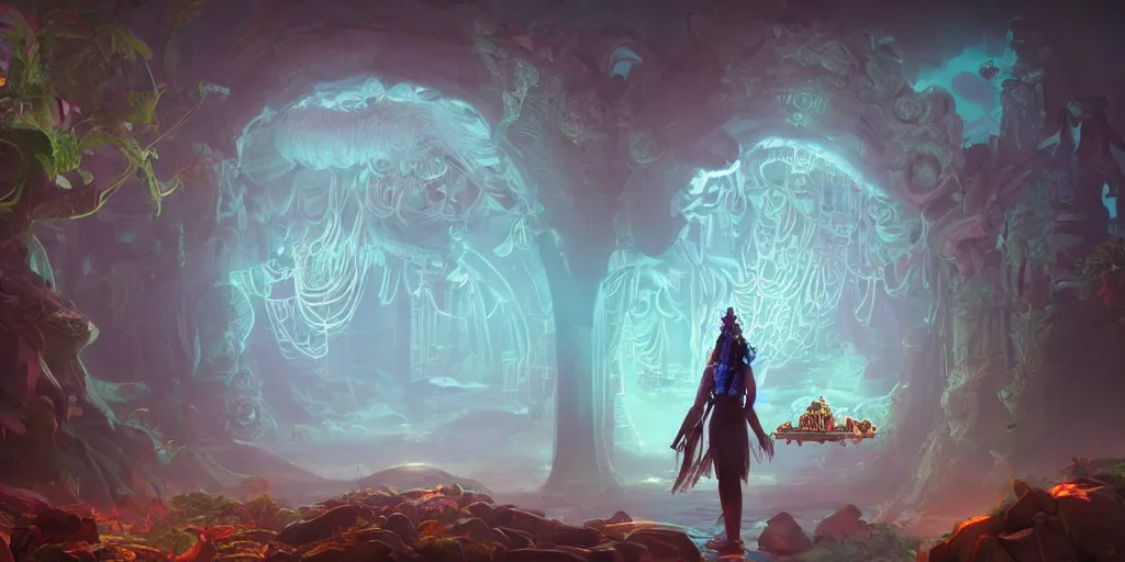 Image similar to 3 d scene of temple portal modelling goddess close - woodsman wearing a steampunk and neonpunk mechanical fluorescent mystical animal mask in strange misty mountain landscape. betta fish, jellyfish phoenix, bio luminescent, plasma, ice, water, wind, creature, artwork by tooth wu and wlop and beeple and greg rutkowski