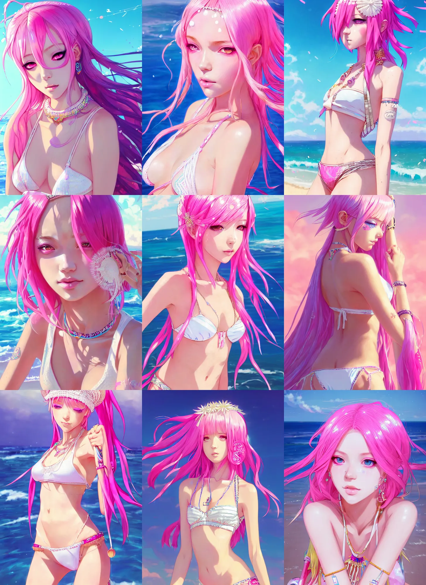 Prompt: portrait of a beautiful girl with pink hair with boho accessories, in white reflective bikini at beach, splash, symmetry face, top lighting, anime style, highly detailed, seraphine ahri kda, art by hidari and krenz and wenjun lin and starember and kuvshinov ilya and kidmo and rossdraws and artgerm