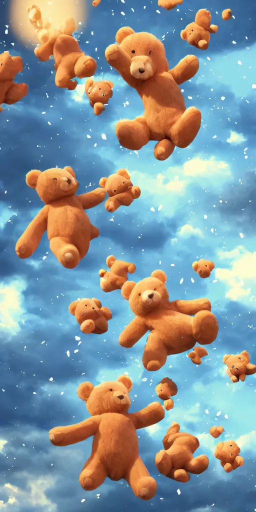 Prompt: teddy bears falling from the sky, anime scenery, digital art, 4k ultra