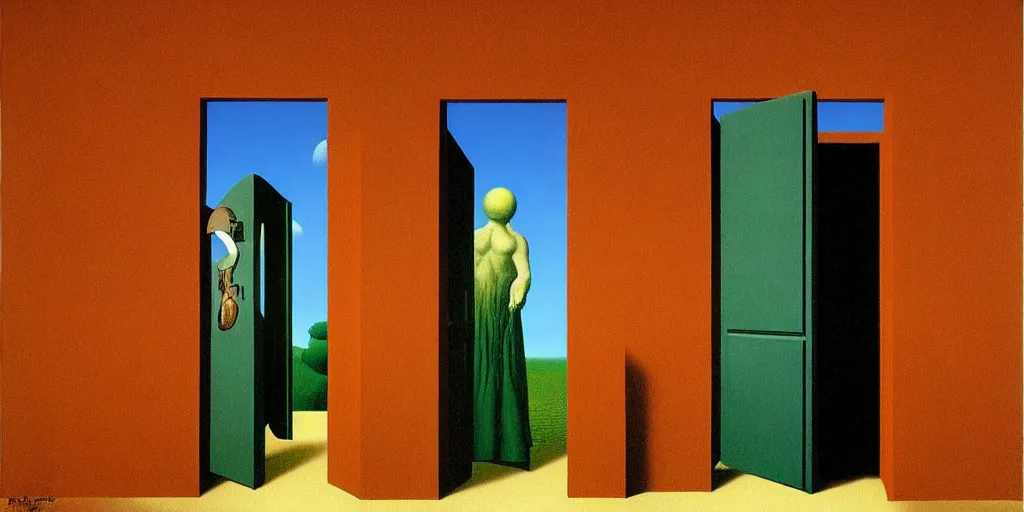 Image similar to A door that opens to another dimension by Richard Corben, by by René Magritte, surrealism, gothic, baroque