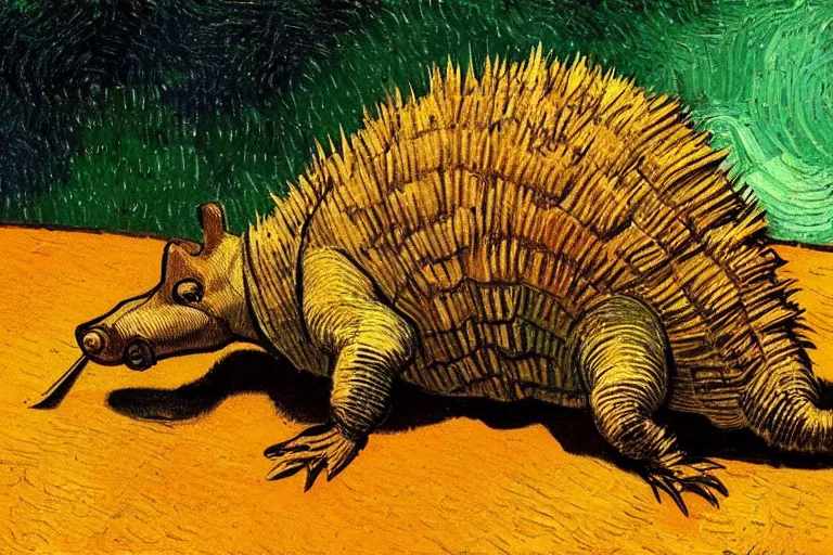 Image similar to an armadillo smoking a joint by vincent van gogh, digital art,