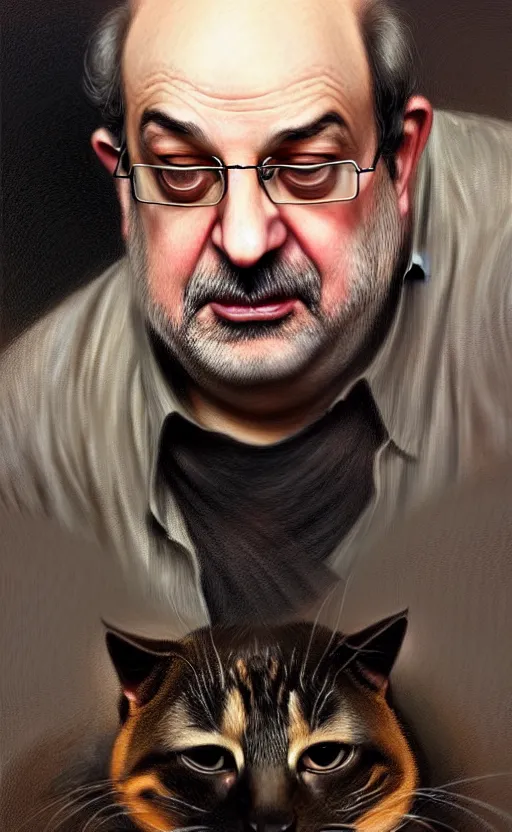 Image similar to portrait of salman rushdie with a cat, deep focus, d & d, fantasy, intricate, elegant, highly detailed, digital painting, artstation, concept art, matte, sharp focus, illustration, art by artgerm and greg rutkowski and alphonse mucha