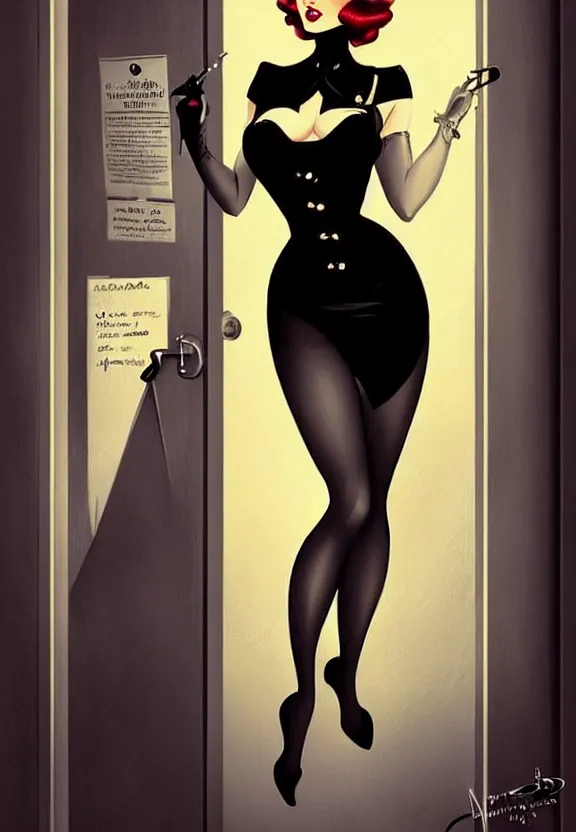 Prompt: A pin-up femme fatale at the door of a small 50’s style private detective’s office, fantasy magic, dark pin-up style hair, dark light night, intricate, elegant, sharp focus, illustration, highly detailed, digital painting, concept art, matte, art by WLOP and Artgerm and Greg Rutkowski and Alphonse Mucha, masterpiece