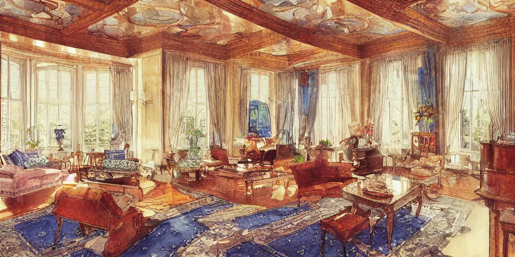 Prompt: a hyper intricate watercolor of a beautiful modern living room, reflexions, intricate details, smooth, style of william turner art, greg rutowski, edmund dulac, by carl larson