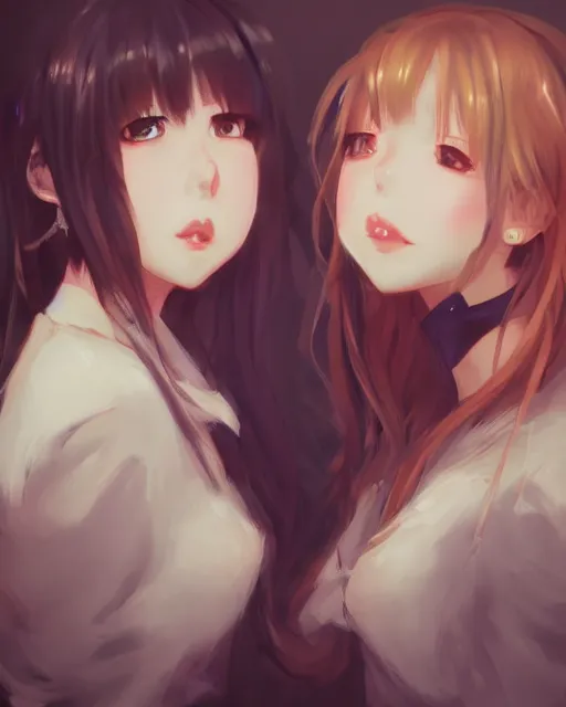 Image similar to portrait of two girls kissing, anime, drawn by WLOP, trending on Artstation