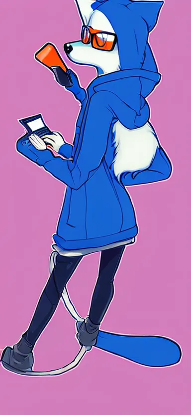 Image similar to an sketch art of anthropomorphic fox in a blue hoodie hacking a portable computer by gainax studio, artstation, digital art, oc commission, high detailed, stylised