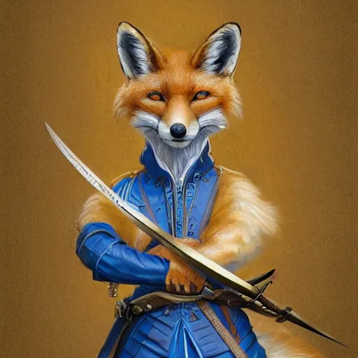 Image similar to anthropomorphic fox wielding two swords, 17th century dutch attire, portrait, highly detailed, digital painting, artstation, concept art, sharp focus, illustration, art by artgerm and greg rutkowski and magali villeneuve, blue and gold color scheme