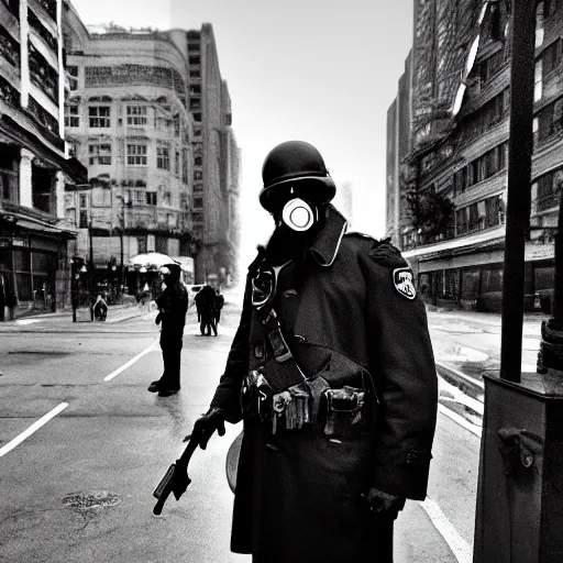 Prompt: a trenchcoat soldier wearing a gasmask and officer hat, standing on street corner, gritty, noir s- 50
