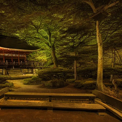 Prompt: realistic forest with an ancient Japanese shrine at night, Monochrome