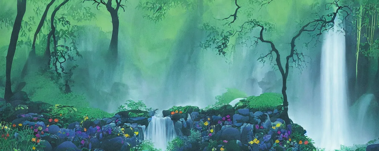 Prompt: deep forest, rainbow river waterfall, waterfall wall splitting, light shimmers, water mists, stones, wild flowers, subtle color variations, summer rain, gentle mists, a white robed benevolent magician clothed in a royal garment in contemplation meditating upon God, by Eyvind Earle and Mary Blair