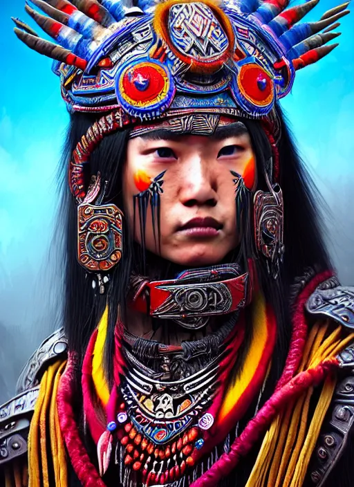 Image similar to portrait of yang yang, hyper detailed ultra sharp aztec shaman warrior. trending on artstation, warpaint aesthetic, bloodwave, colorful, psychedelic, ornate, intricate, digital painting, concept art, smooth, sharp focus, illustration, art by artgerm and greg rutkowski and h. r. giger, 8 k