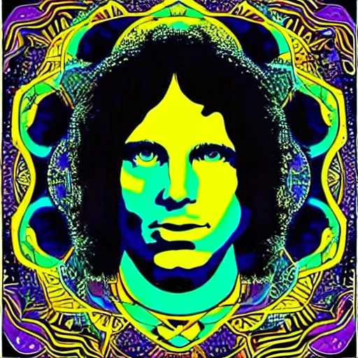 Prompt: portrait of jim morrison psychedelic blacklight art, intricate mandala, mushrooms, trees, by shepard fairey