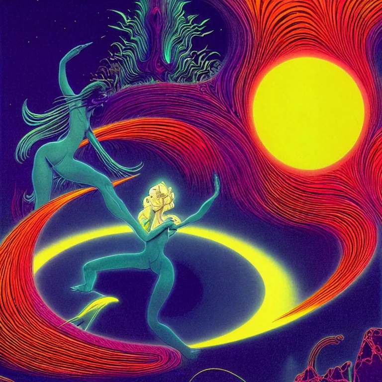 Image similar to androgynous angel radiating infinite psychic fractal waves, medium close - up, volcanic background, crescent moon, bright neon colors, highly detailed, hig resolution, cinematic, eyvind earle, tim white, philippe druillet, roger dean, lisa frank, aubrey beardsley, hiroo isono