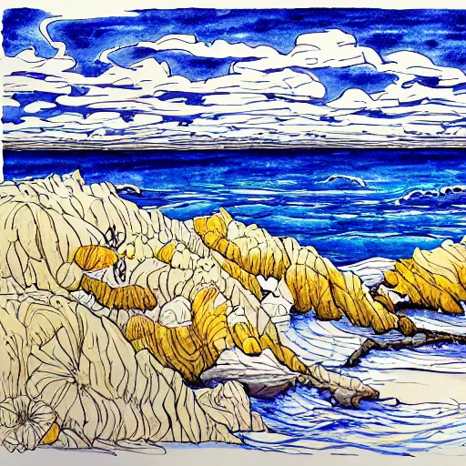 Prompt: illustration of a seaside landscape, inktober, line art, ((water color)), behance