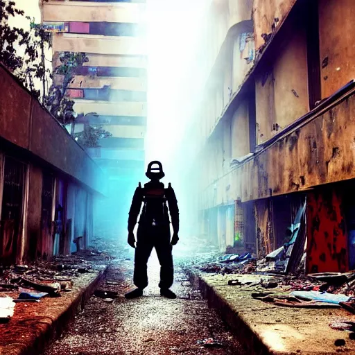 Prompt: A colorful photo of a mysterious man with a gas mask wearing a flashlight is standing in the midle of a staircase alley looking in the direction of the camera :: exterior, blue sky visible :: ruined city with vegetation and trees growing everywhere on the destroyed buildings :: apocalyptic, gloomy, desolate :: long shot, low angle, dramatic backlight, symmetrical, night, slightly colorful photography :: cinematic shot, very detailed