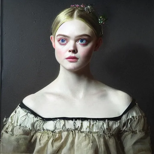 Prompt: a striking hyper real painting of Elle Fanning by Jan Matejko