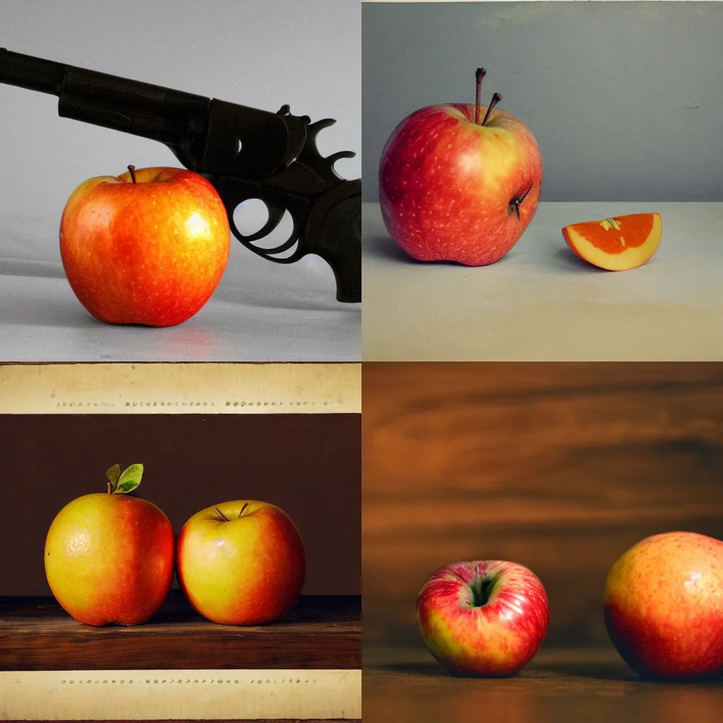 Prompt: An Apple and an Orange duelling with pistols at dawn.