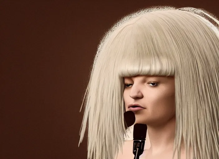 Image similar to realistic illustration of Sia using her famous wig as a mop