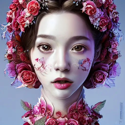 Image similar to the portrait of an absurdly beautiful, graceful, elegant, sophisticated young gravure idol made of strawberries and white petals wearing a dress, an ultrafine hyperdetailed illustration by kim jung gi, irakli nadar, intricate linework, bright colors, octopath traveler, final fantasy, unreal engine 5 highly rendered, global illumination, radiant light, detailed and intricate environment